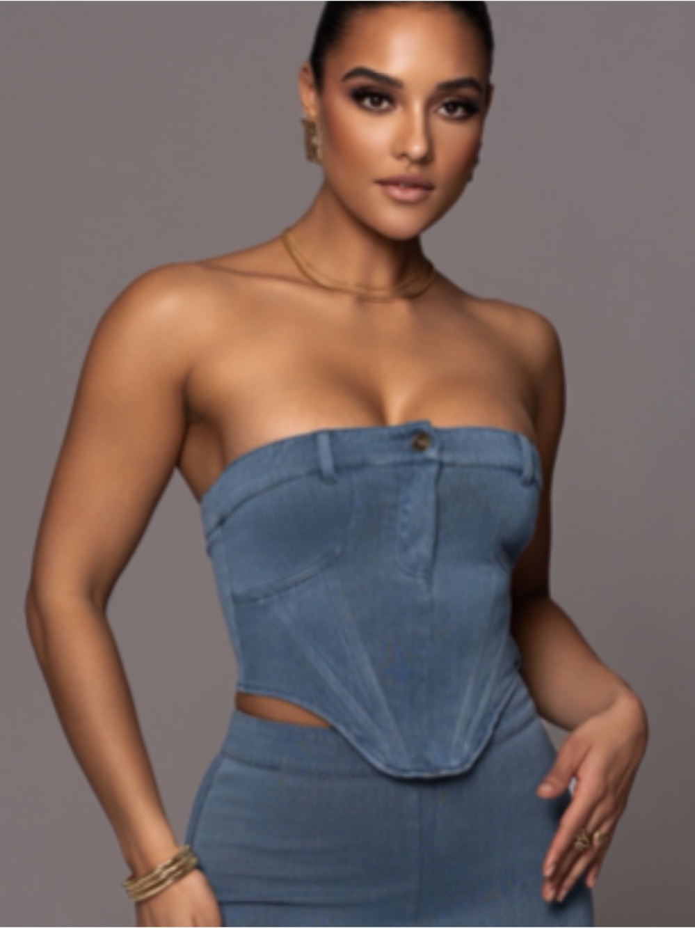 JLUXLABEL Strapless Denim Corset set with long skirt - denim